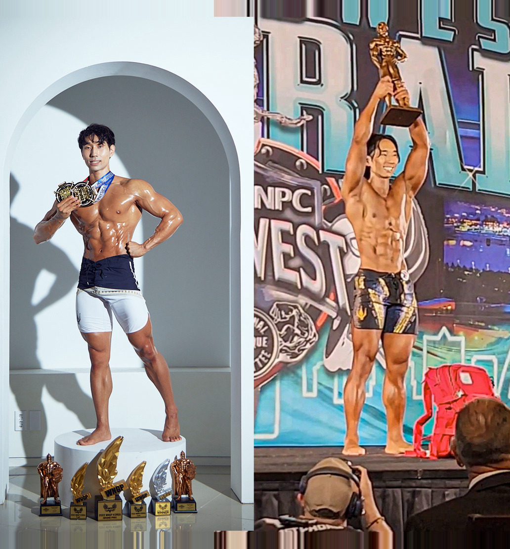 Justin Kim on stage at a natural bodybuilding competition